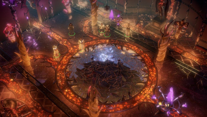 A screen shot of the Vault of Graves from the Wrath of the Righteous Beta. A large chamber with a shattered mirror-like floor in the center of the room