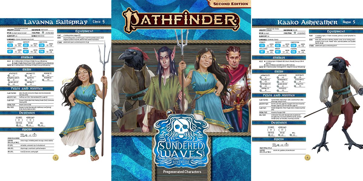 Sundered Waves pregenerated characters featuring Lavanna Saltspray, a long hair halfling dressed in blue and white, holding a trident; and Kaako Ashfeather, a tengu sailor dressed for the sea