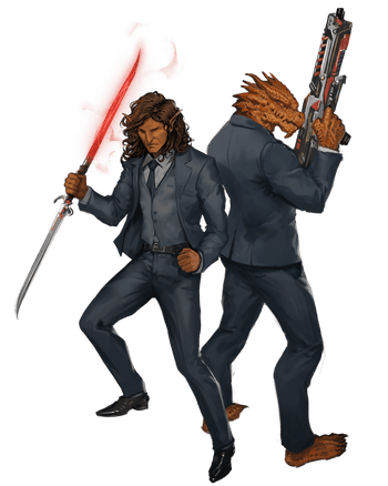 A dark skinned elf and a brown scaled dragonkin, both wearing suits, standing back to back ready for battle.