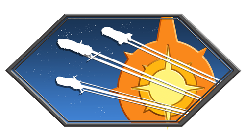 Three starships streak across the sky, silhouetted by the sun