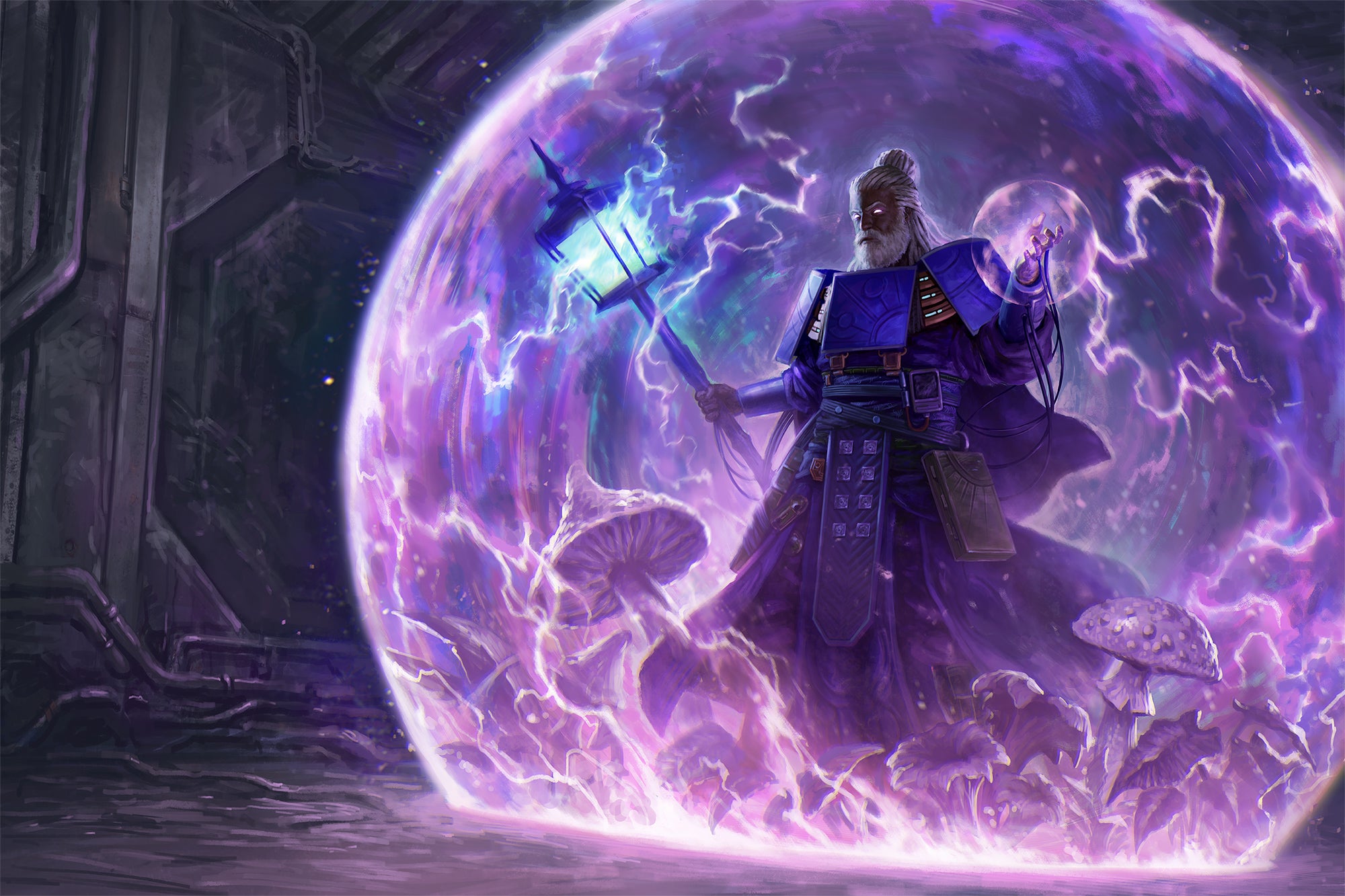 Illustration by Bastien Jez: Iconic Witchwarper, Zemir warping reality around him in a large purple bubble.