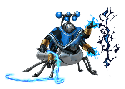 Supreme Proclaimant, artist Felipe Fornitani: A robotic anacite cult leader with beetle-like features stands ready for combat, wielding a whip of electricity in one hand while tearing a magical rip in reality with another.