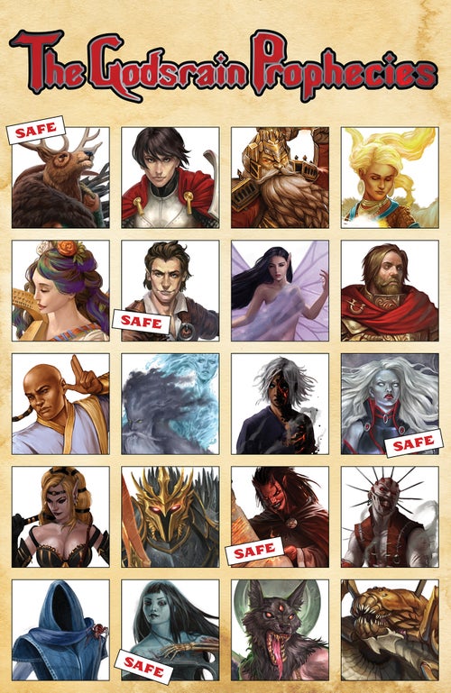 An array of 20 portraits depicting the gods of the Pathfinder setting. Asmodeus, Cayden Cailean, Erastil, Pharasma, and Urgathoa’s portraits have been marked “safe.”; 