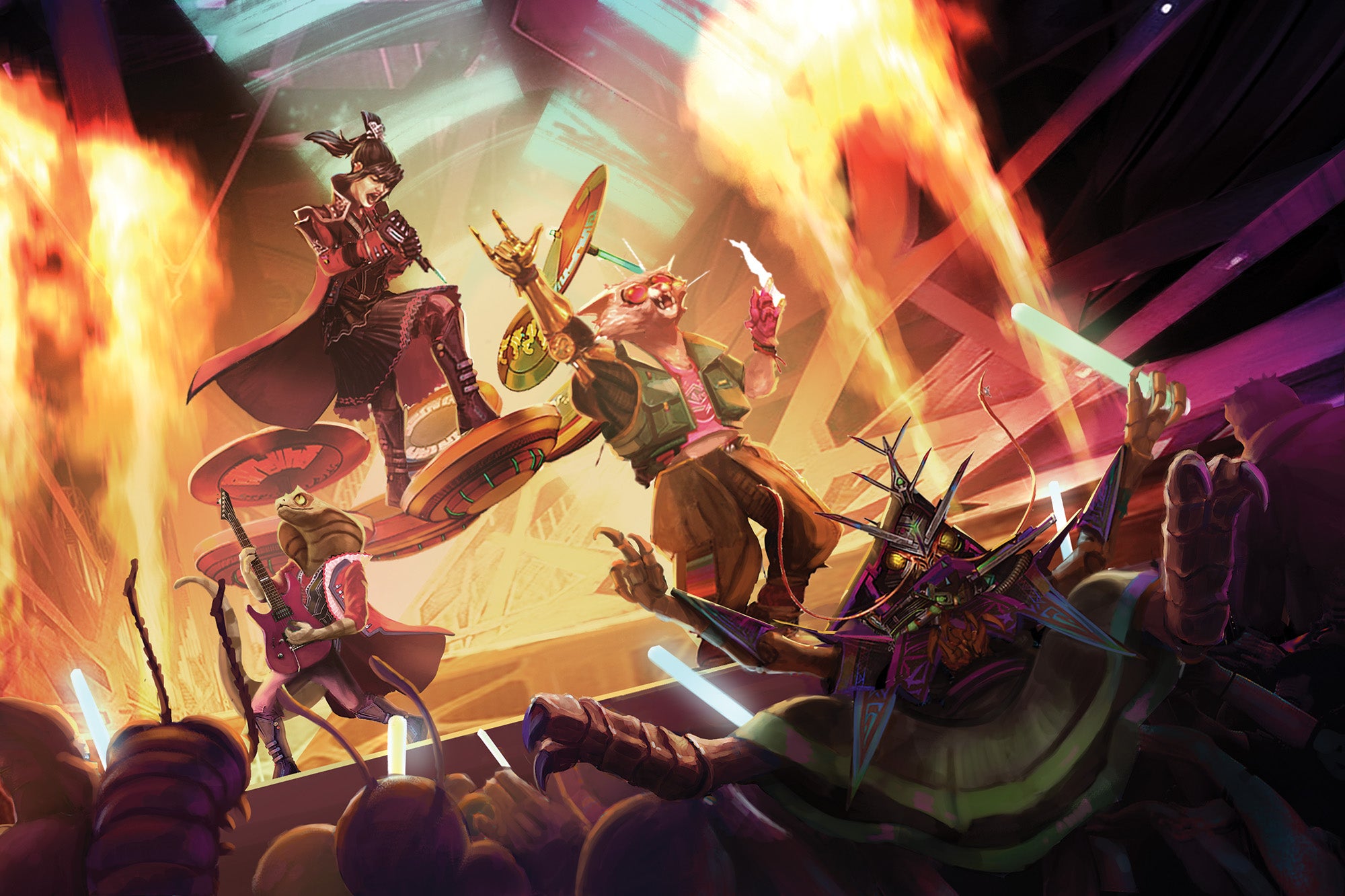 Art by Pixoloid : Iconic solarion, Dae, a cat-like humanoid alien with white fur, red goggles, and dressed in loose cargo pants, pink crop top, and green best, jumps on stage in front of a rock band