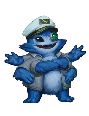 This is a skittermander: a blue, six-armed furry alien wearing a captain’s hat and a friendly grin.
