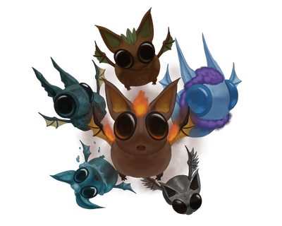 Baby Scamp Swarm, artist Rodrigo Gallo : Six tiny elemental scamps representing each of the elements fly forward, eager to ‘help.’