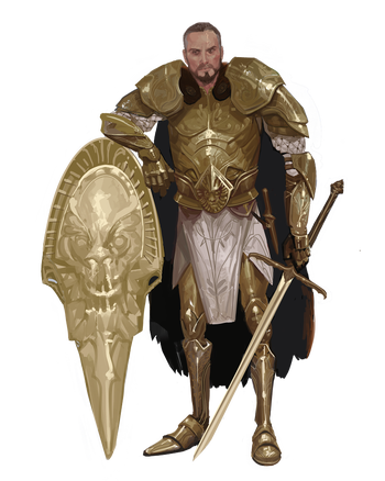 Illustration by Hassan Tabrizi : Watcher-Lord Ulthun stands in his full military garb with sword and shield.