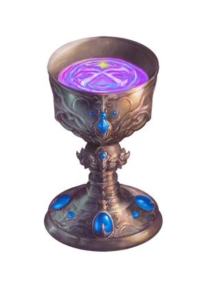 Artist Nicholas Phillips: A silvery chalice decorated with filigree and blue gems. A purple liquid swirls inside forming the shape of the Pathfinder Society logo
