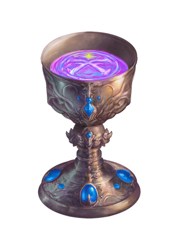 Artist Nicholas Phillips: A silvery chalice decorated with filigree and blue gems. A purple liquid swirls inside forming the shape of the Pathfinder Society logo