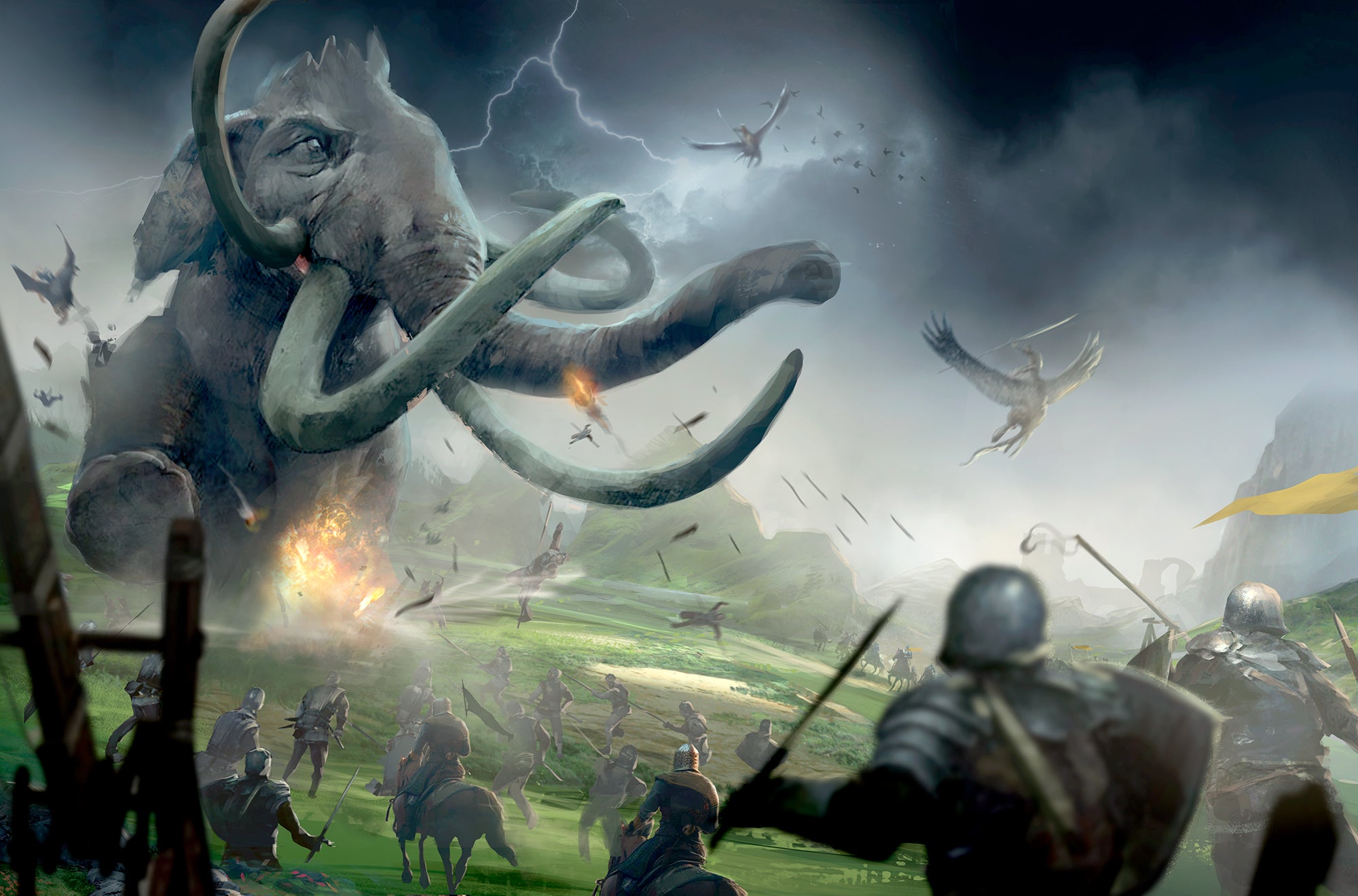 Art by Sandra Posada: a large oliphaunt rampaging through a battlefield 