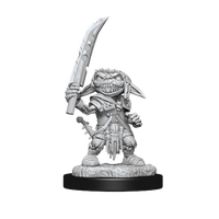 Mini figure of a goblin fighter, standing tall with his sword raised