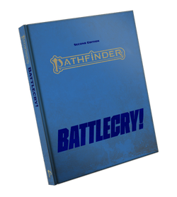 Pathfinder Second Edition Battlecry! Special Edition Cover. A blue textured cover featuring the Pathfinder Second Edition logo in gold embossed text and the Battlecry! text logo in a dark blue block text at the bottom of the cover