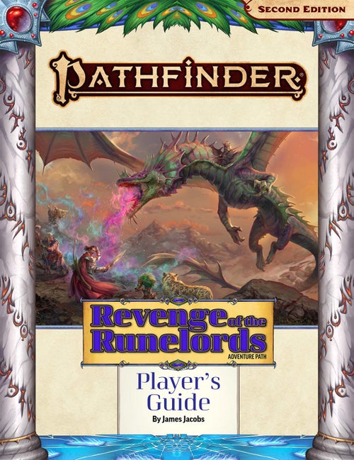 Pathfinder Second Edition Revenge of the Runelords Players Guide Cover: featuring art of the Pathfinder iconic champion, wizard, druid, and alchemist bracing for impact as a large green and purple dragon breaths a colorful miasma break down on them from the air above.