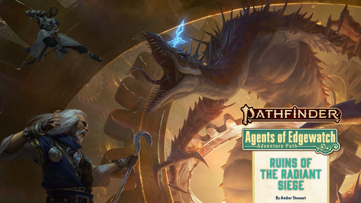 Pathfinder Agents of Edgewatch Adventure Path:  Ruins of the Radiant Siege (6 of 6), Iconics Ezren and Sajan battle a pale dragon-like creature in a clockwork room
