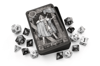 Beadle and Grimm's Fighter Dice Tin. An armored fighter with a spear in one hand, a sword strapped to their back, and a cape over the other shoulder. The tin is surrounded by black and white dice.
