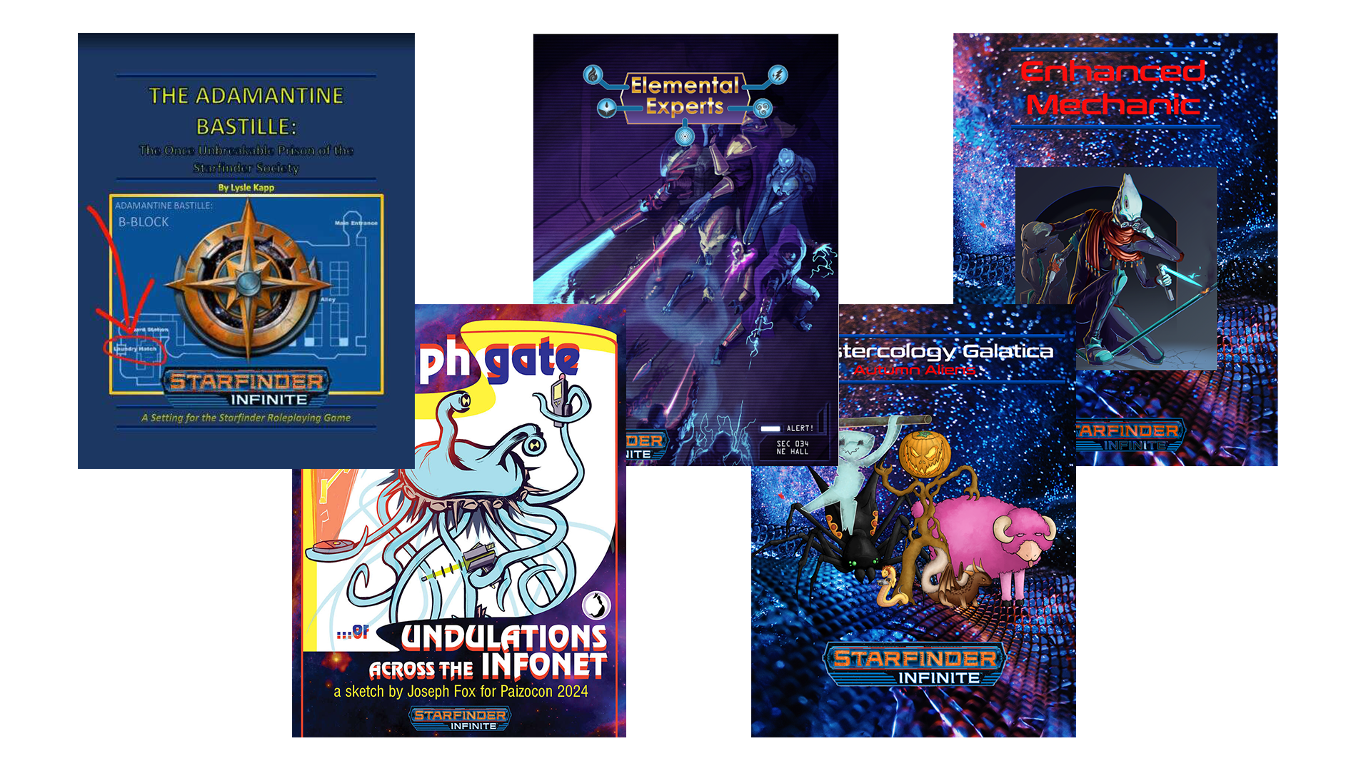 A spread of the covers of the Starfinder Infinite Top Performers.