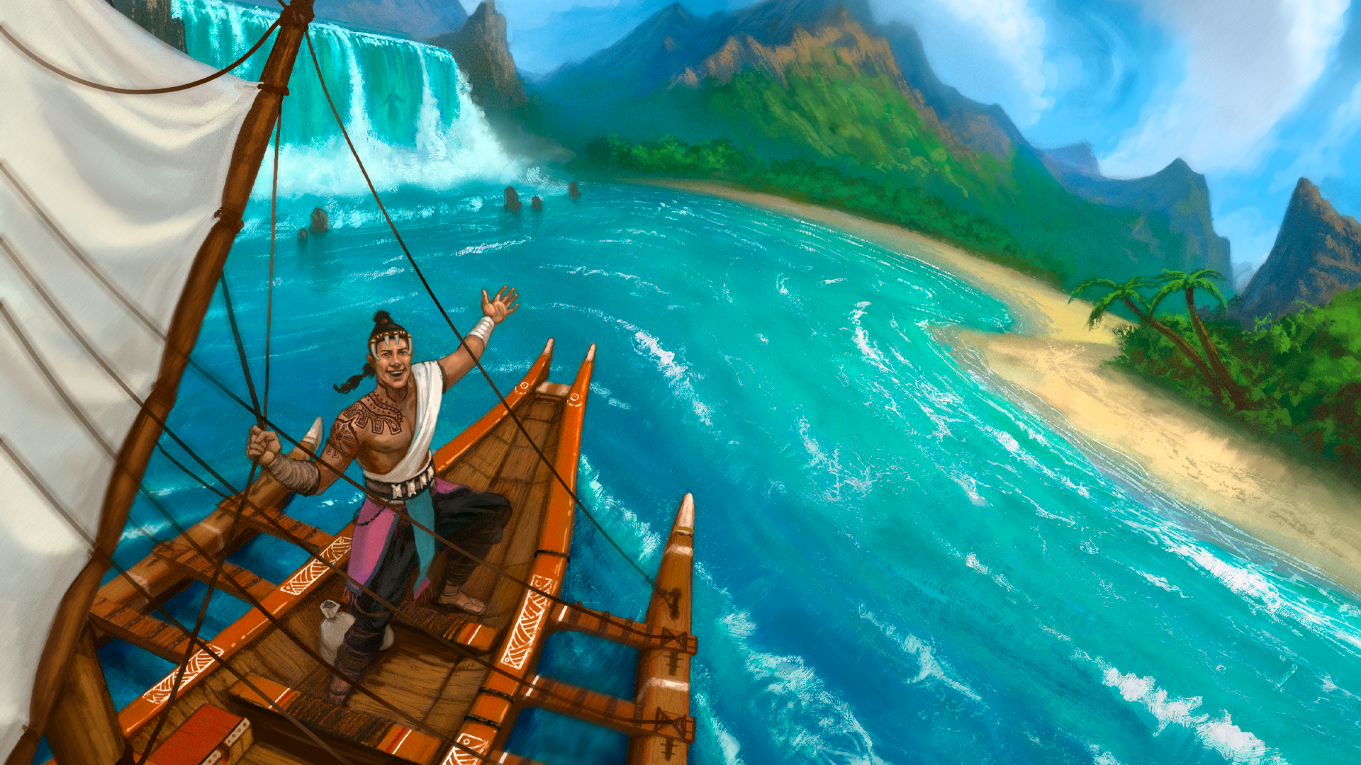 artist Justin Usher : On a bright sunny day a Polynesian-inspired dinghy pulls up to an island with a waterfall on the left and mountains in the distance. Behind the waterfall, there's a subtle silhouette of a woman. The ocean surrounding the island is a comforting aqua blue. Taiwalei faces the viewer, excitedly beckoning toward the island, smiling and eager for the adventure ahead.