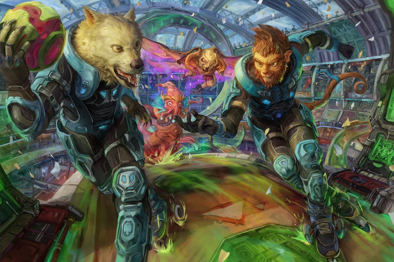 Different alien species racing around a track on roller skates