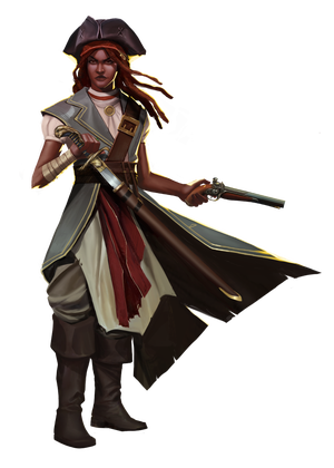 A dark skinned pirate wielding a pistol in one hand and a sword in the other