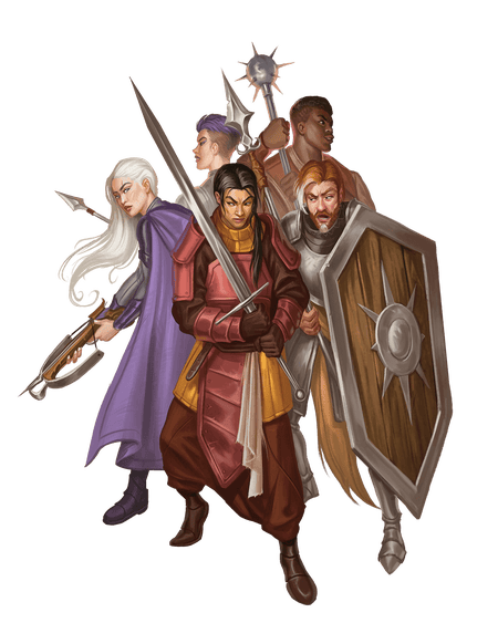 Mercenary band art by Ilina Naydenova: A group of armed mercenaries huddled together 