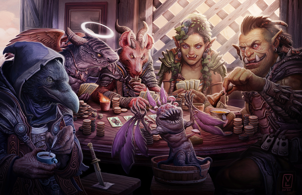 A group of diverse characters gathererd around a table playing games