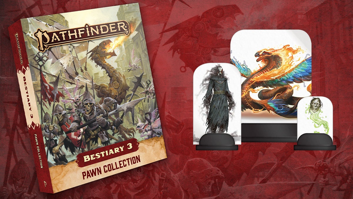 Pathfinder Bestiary Three Pawn Collection cover featuring a troop of armored skeletons in front of a large mechanical dragon breathing fire, all surrounded by pale tooth fairies wielding large pliers
