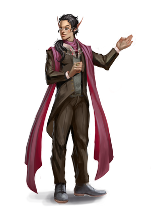 An elf with a dark pony-tail in a tailored brown suit with a tailed jacket and a long red silk scarf