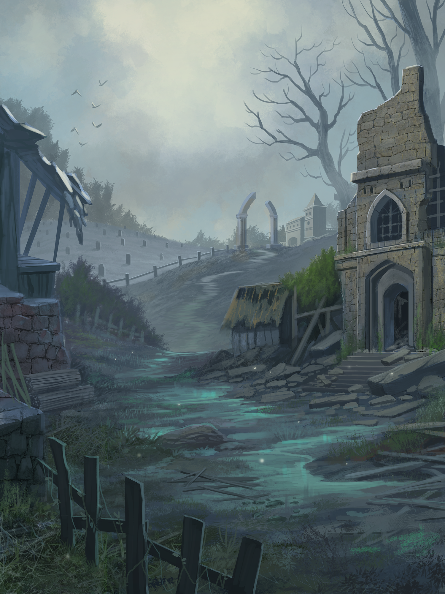 Illustration by Kiki Moch Rizky: A long pathway running through the ruins of a town leading up to a large castle-like building on a hill