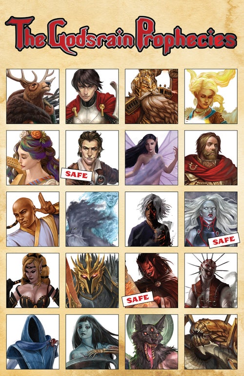 An array of 20 portraits depicting the gods of the Pathfinder setting. Asmodeus, Cayden Cailean, and Pharasma’s portraits have been marked “safe.”