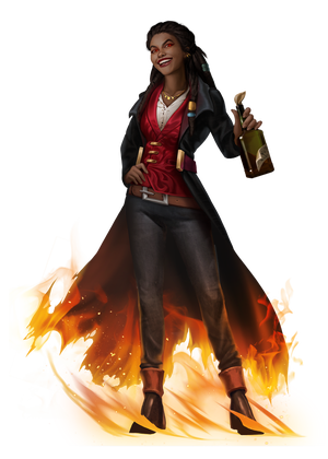 A dark skin woman, dressed in a long, black, flaming coat, holding a Molotov cocktail