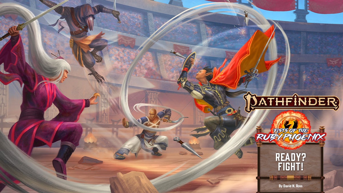 Pathfinder iconics Jirelle and Sajan face off against a hooded tengu and a robed woman with long white hair she is using to attack Sajan