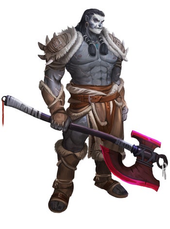 An Enshrak orc. This orc has dark gray skin and is wielding a large battle axe. He is clad in leathers and has skull face paint.