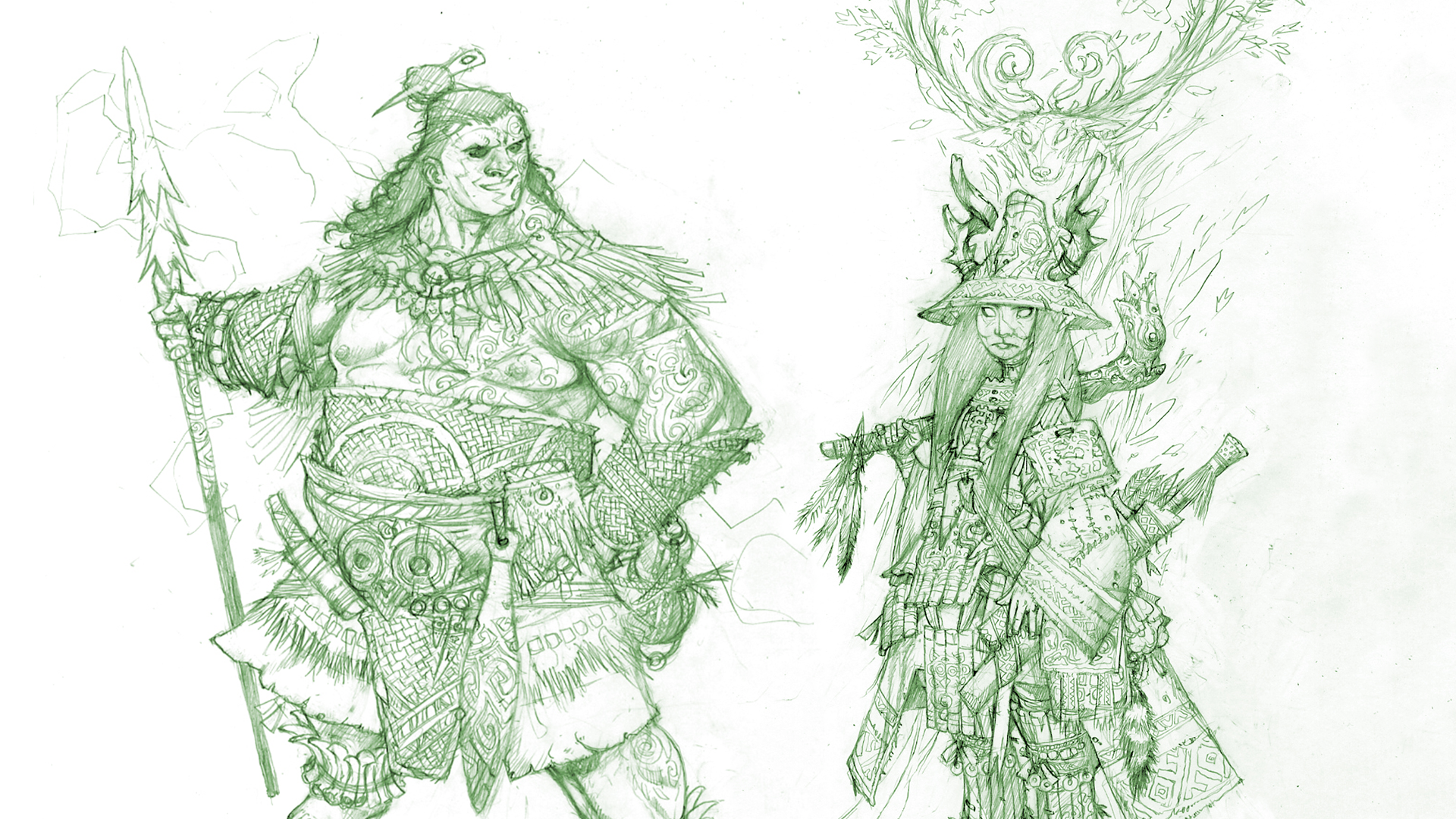 Art by Wayne Reynolds, concept sketches of the iconic Exemplar, Nahoa, and the Iconic Animiat Samo