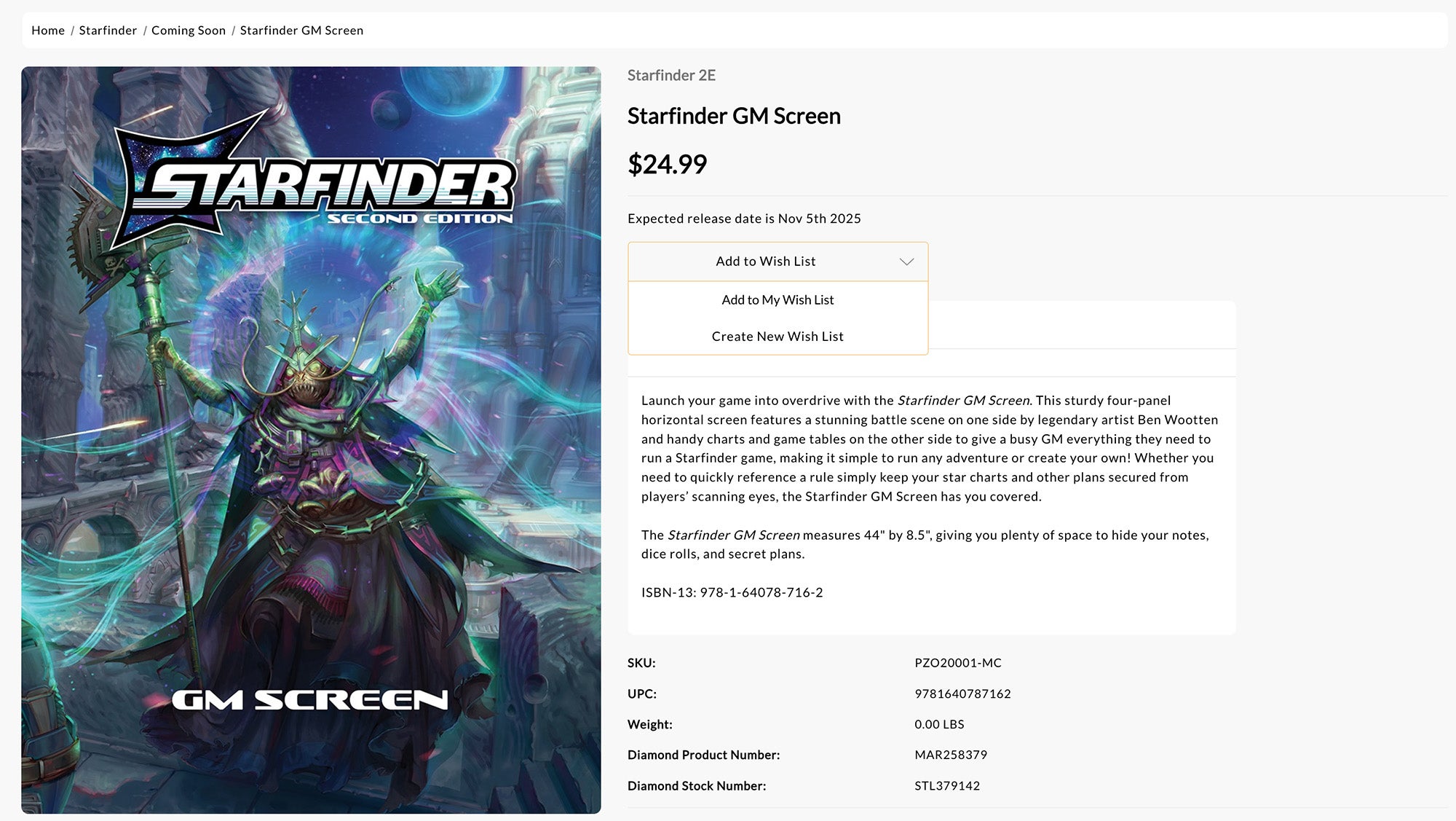 A screenshot of paizo store product: Starfinder GM Screen. On the left is a large thumbnail of the screen cover featuring the Shirren mystic, ChkChk. To the right of the thumbnail is product details including title, the price: $24.99, the expected release date: Nov 5th 2025, an Add To Wishlist button, including a Dropdown that has the options to "add to my wishlist" and "create new wish list", the products text description, and the shopping information.