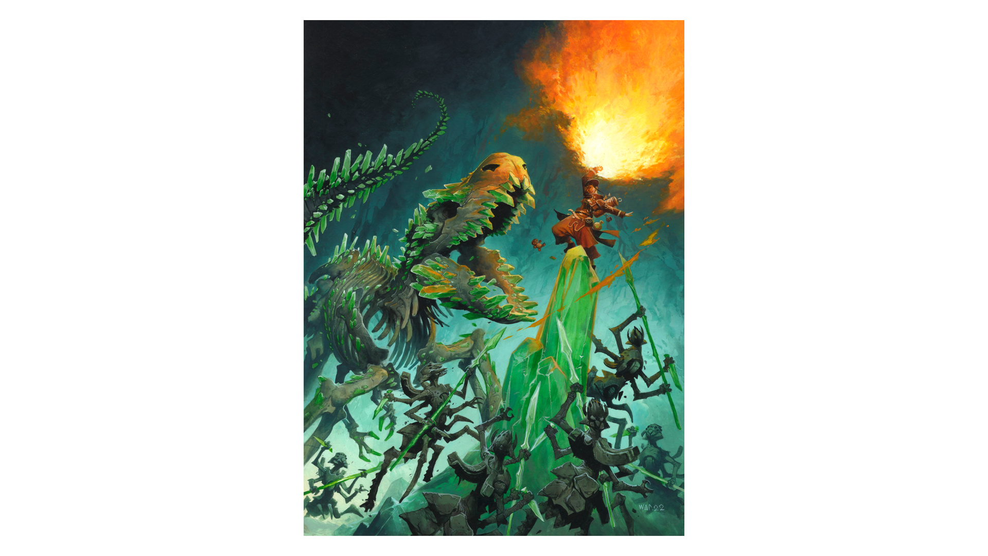 Yoon, our iconic kineticist, stands atop a spire of rock, summoning flames to fight a bone and crystal dinosaur.