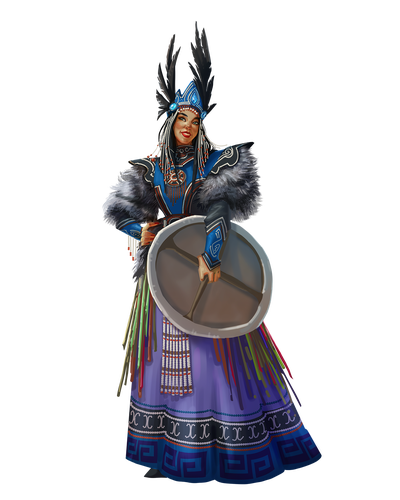 Illustration by Vira Linevych : A member of the spellcasting dovlokhuud dressed in blues and purples