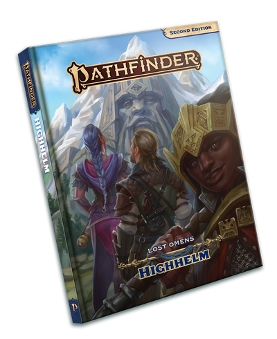 Pathfinder Second Edition Lost Omens Highhelm:  the art is several dwarves and adventurers on the road outside of Highhelm. A mountain carved into the image of a dwarven ruler looms behind them.