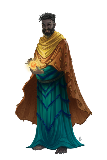 Artist Beatrice Pellagatti. Venture Captain Hilo Beruta, a dark skinned, bearded, barefoot, man in blue and yellow robes, summoning a small ball of fire between his hands
