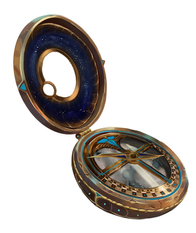  Illustration by Giorgio Falconi : An illustration of a wayfinder, a magical compass with slots for aeon stones.