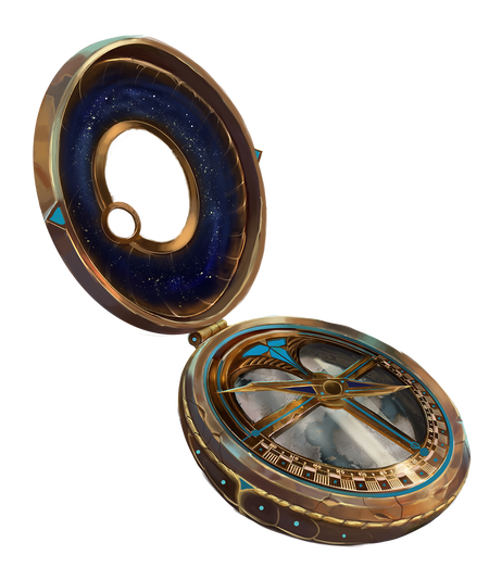  Illustration by Giorgio Falconi : An illustration of a wayfinder, a magical compass with slots for aeon stones.