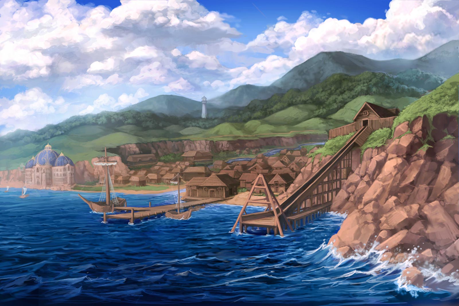 A small settlement of mostly wooden structures takes up most of a small clearing along a rocky coastline. Mountains and woodlands occupy the surrounding areas. A tall tower rises from the woods nearby. Other prominent features are an opulent temple of blue and white, the town’s tallest structure, and a long log flume jutting out over the sea.