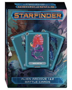 Alien Archive one and two battle cards. The box cover art features three cards including an early stage Barathu, a brightly colored, worm-like alien creature with long tentacle-like appendages coming out of it's stomach along its whole body.