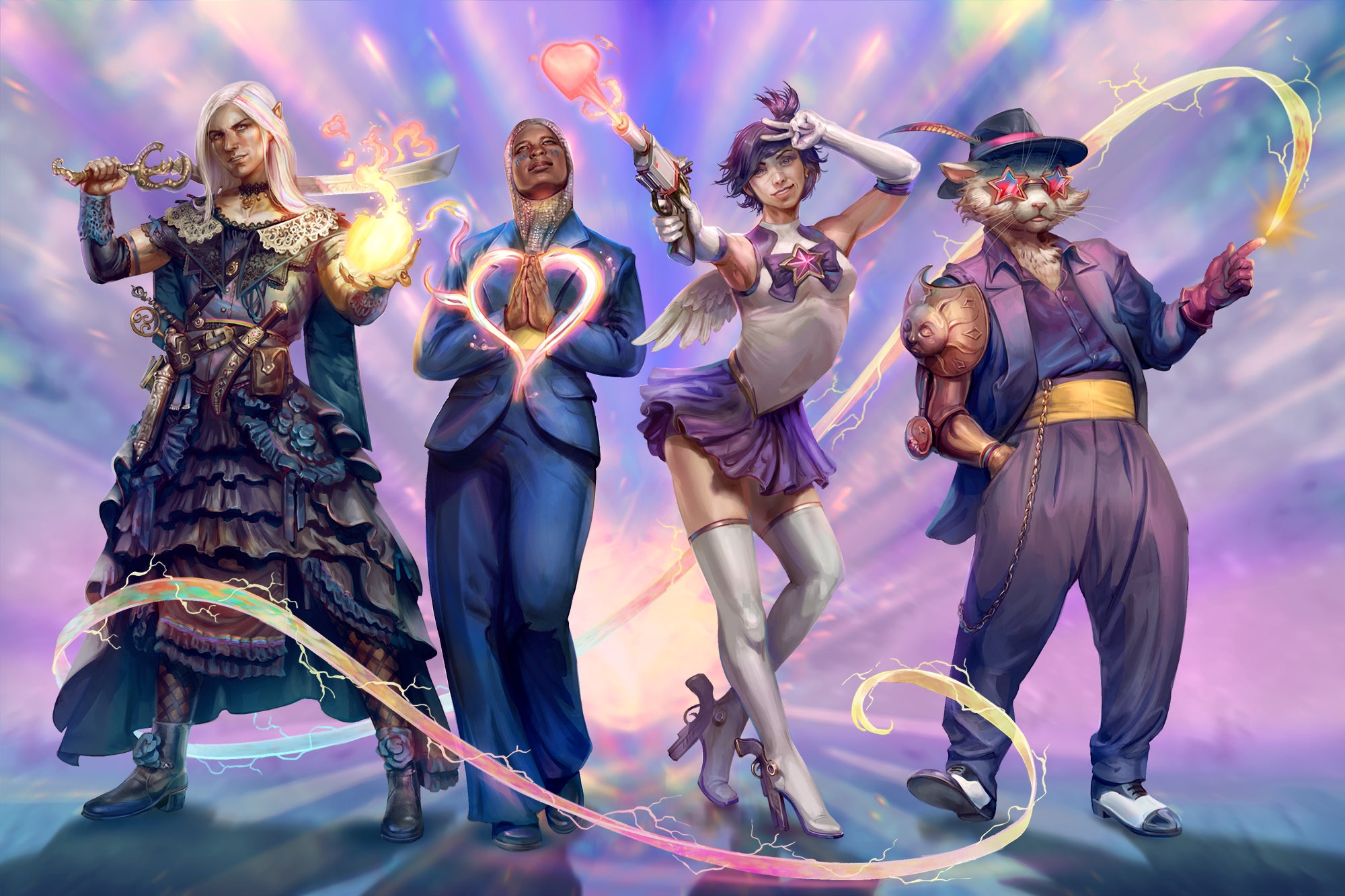 Art by Mirco Paganessi: Pathfinder iconics, Seltyiel and Kyra and starfinder iconics Navasi and Dae dressed in stylized semi-modern outfits. Seltyiel wears a dress covered in layered ruffles, Kyra, wears a blue fitted suit, Navasi is dressed in white top with a purple skirt referencing magical girls, and Dae wears a loose purple suite with an open jacket and fedora.