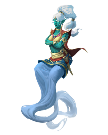 Safa - artist Felipe Fornitani : a light green skinned genderfluid djinni with blue-white floating hair, dressed in multicolored silks and gold jewels with blue stones. They look mischievous