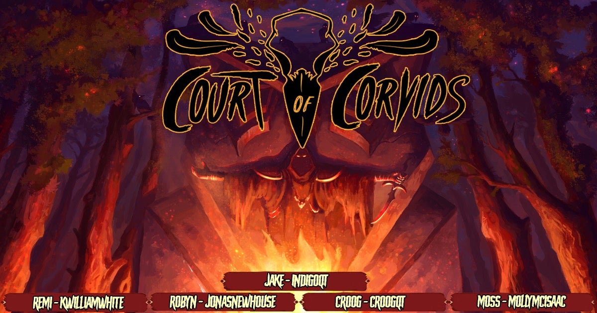 Court of Corvids livestream graphic with logo and player names