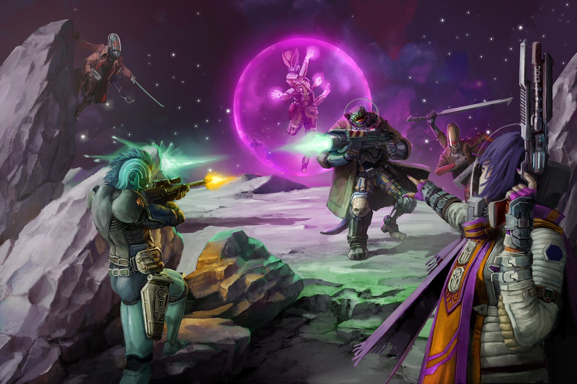 Art by Pixoloid Studios: This is an epic battle on an asteroid between Obozaya the iconic vesk soldier, Iseph the iconic android operative, and Navasi the iconic human envoy against kasatha space pirates. 