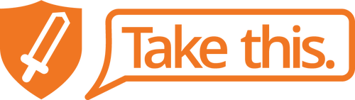 Take This logo: Orange text in an orange outlined speech bubble to the right of a graphic of an orange shield with a little white sword in the center.