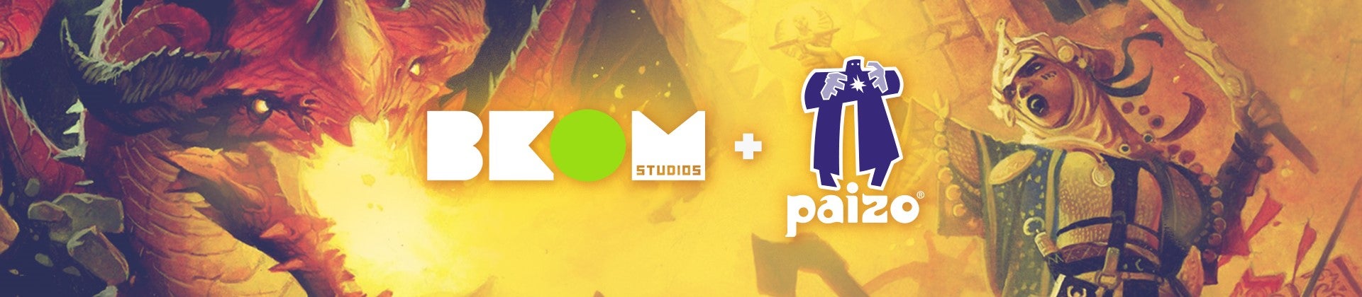 BKOM Studios and Paizo Logos over-layed over an image of the pathfinder Iconics battling a red dragon