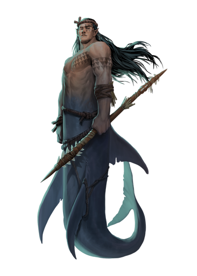 Shark Merfolk - art by Ivan Koritarev : A shark merfolk holding a barbed spear