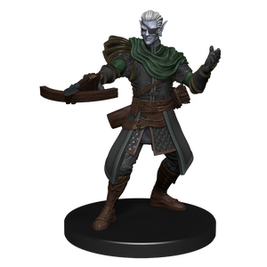 a mini figure of a drow in an eye patch, wearing chainmail and leather armor, holding out a crossbow in one hand, reading to fire